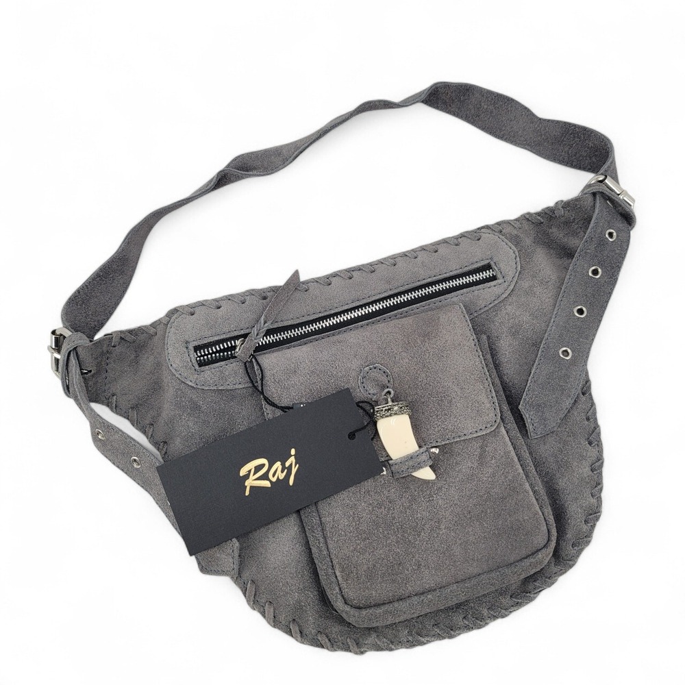 Raj Womens Leather Belt Bag Crossbody Gray Leather Waist Pack Boho‎ Festival